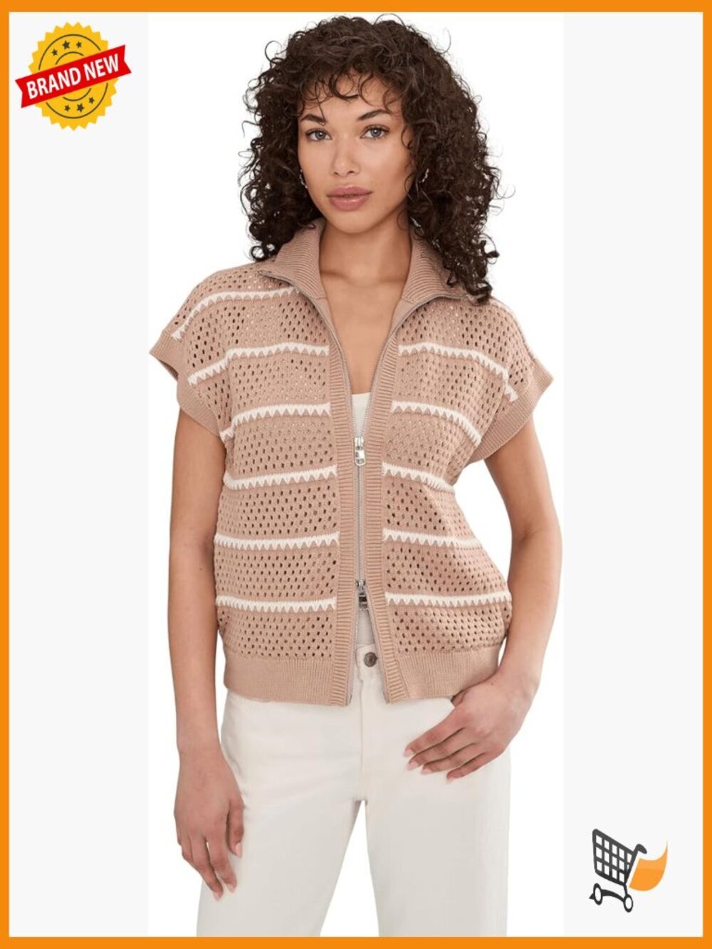 Zip Through Knit Cardigan with Pointelle Details